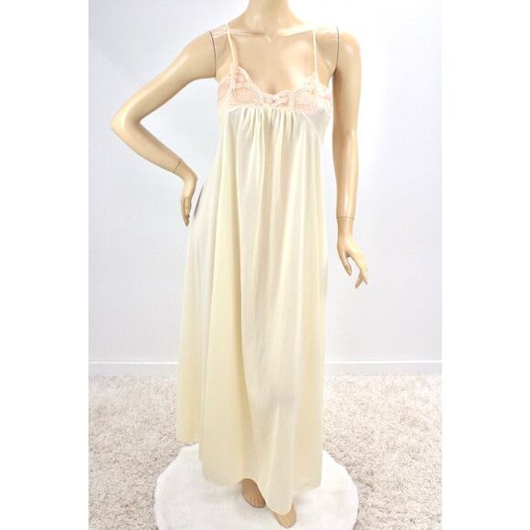 Vintage Annique Wide Sweep Nightgown M Yellow Nylon Pink Lace Criss Cross Straps - Picture 5 of 14